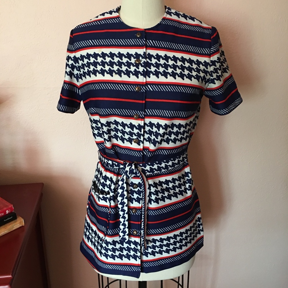 VTG 60 70 MOD Tie Waist Top Red Blue Stripes - Picture 1 of 16